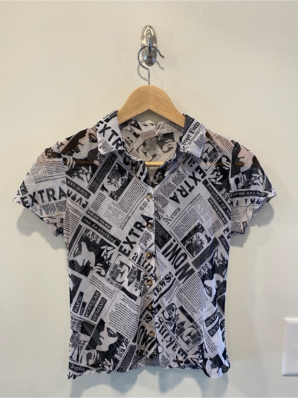 No boundaries Womens Y2K mesh newspaper print shirt size small sheer grunge